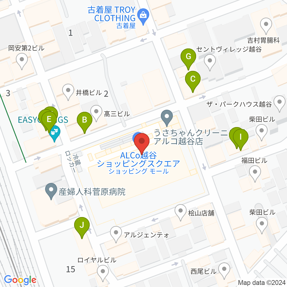 越谷カルチャーセンター周辺のファミレス・ファーストフード一覧地図