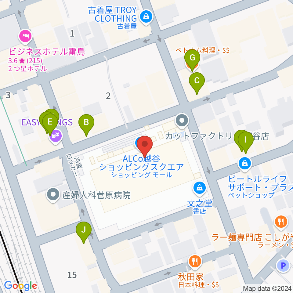 越谷カルチャーセンター周辺のファミレス・ファーストフード一覧地図