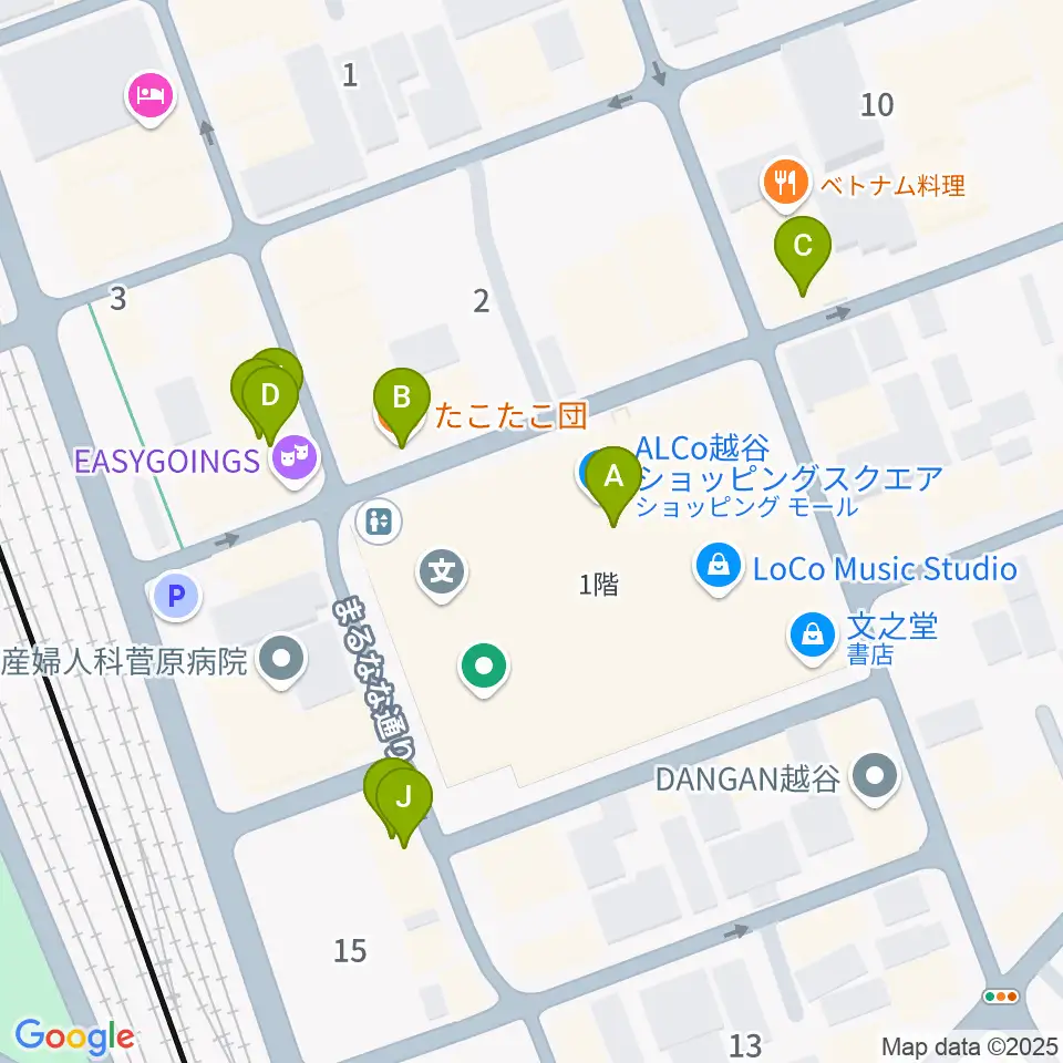 越谷カルチャーセンター周辺のファミレス・ファーストフード一覧地図
