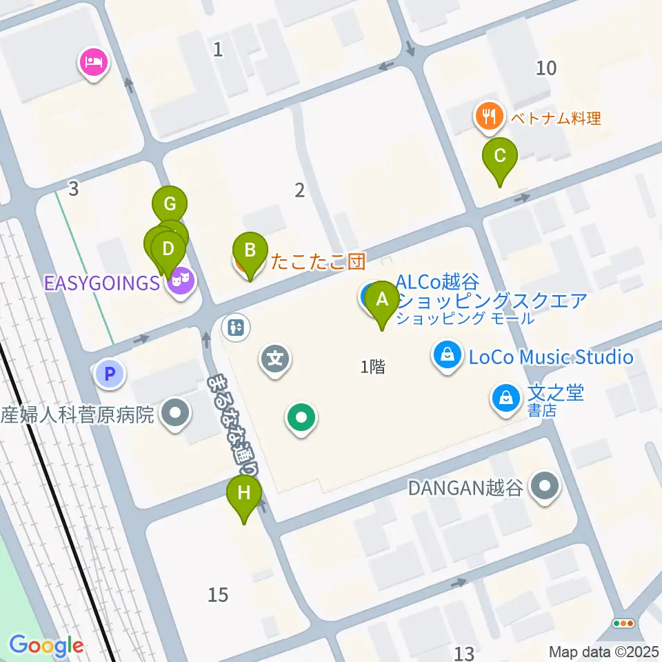 越谷カルチャーセンター周辺のファミレス・ファーストフード一覧地図