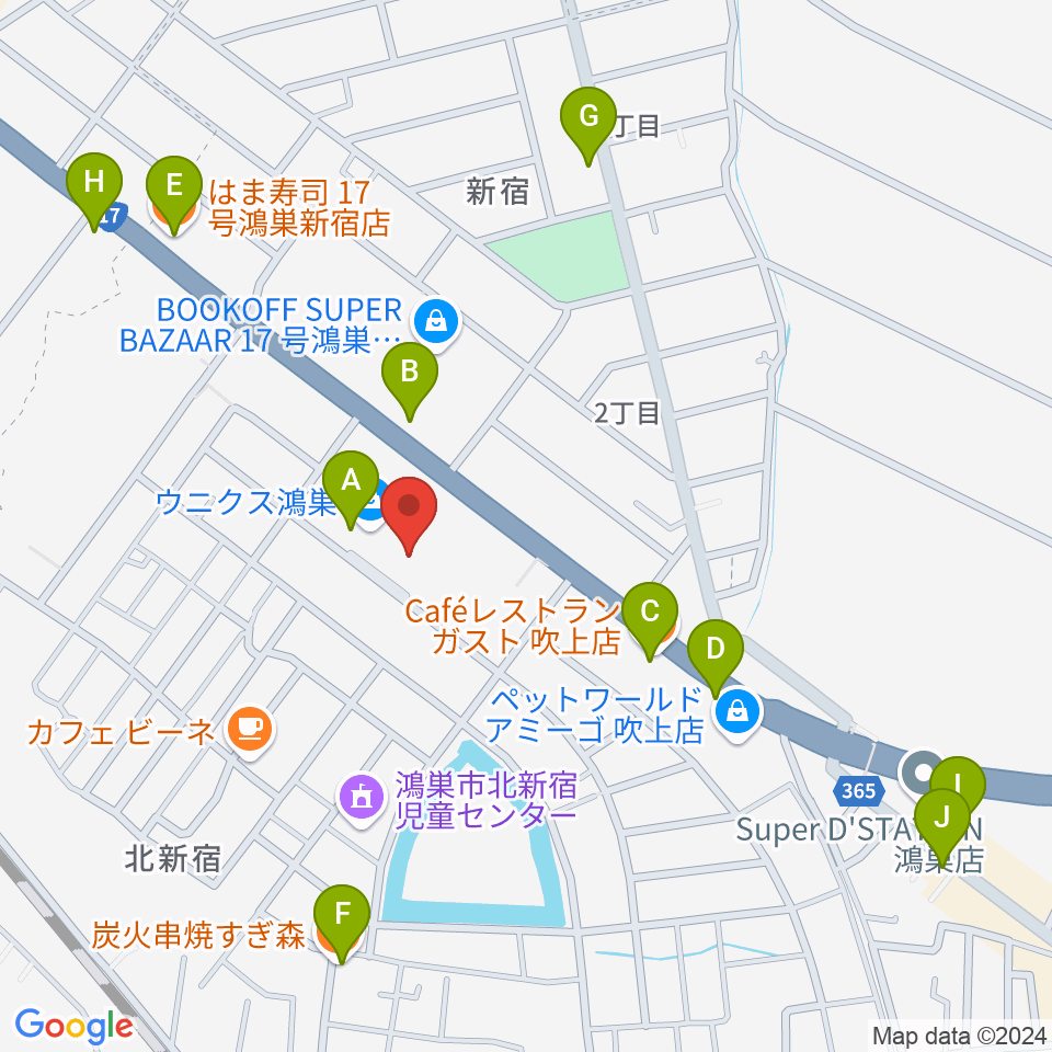 ウニクスカルチャーセンター鴻巣周辺のファミレス・ファーストフード一覧地図