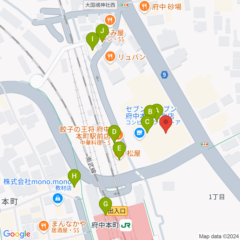 ヨークカルチャーセンター府中周辺のファミレス・ファーストフード一覧地図