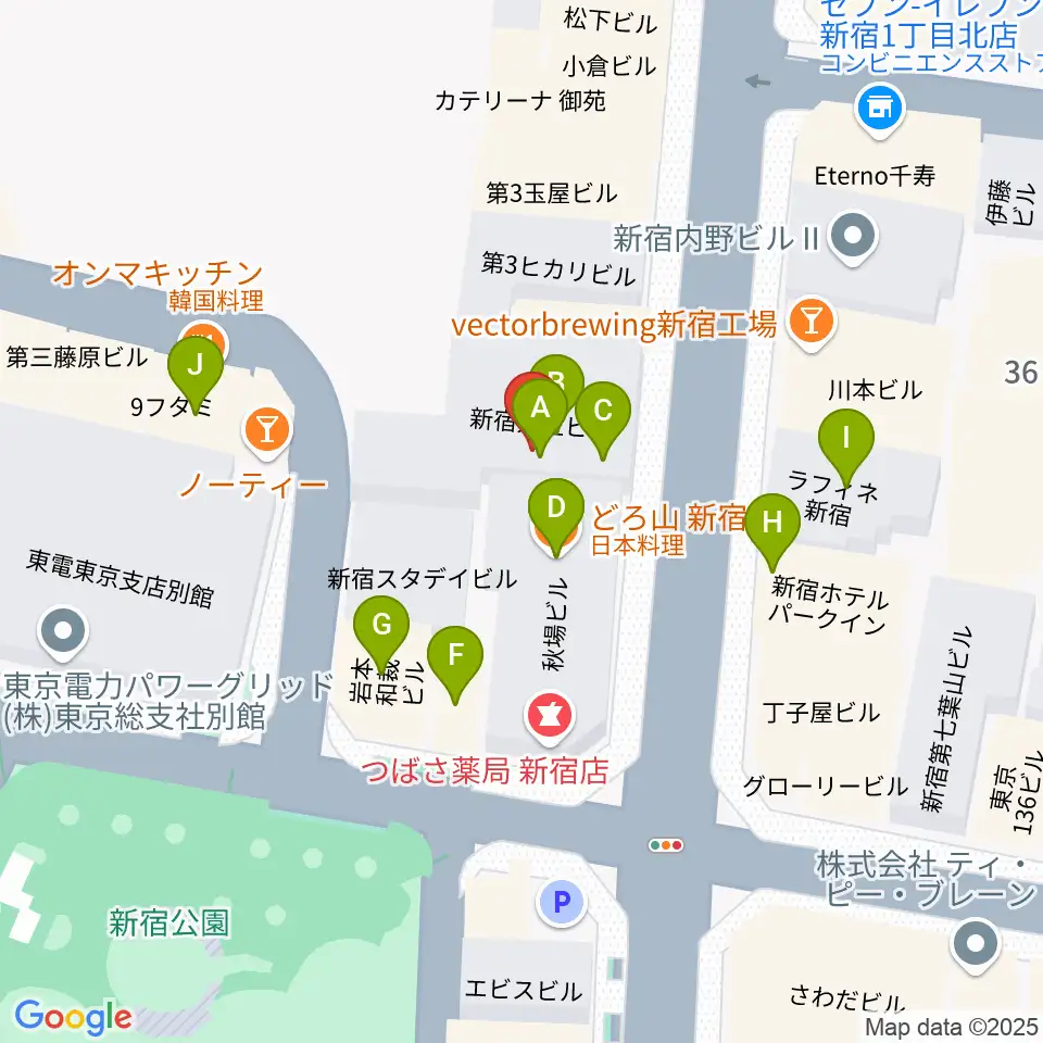 アミーズボーカルスクール新宿三丁目校周辺のファミレス・ファーストフード一覧地図