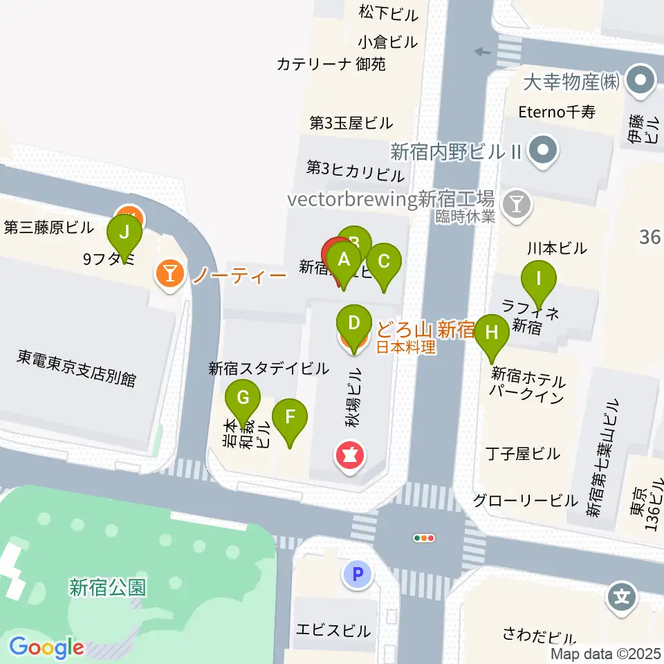 アミーズボーカルスクール新宿三丁目校周辺のファミレス・ファーストフード一覧地図