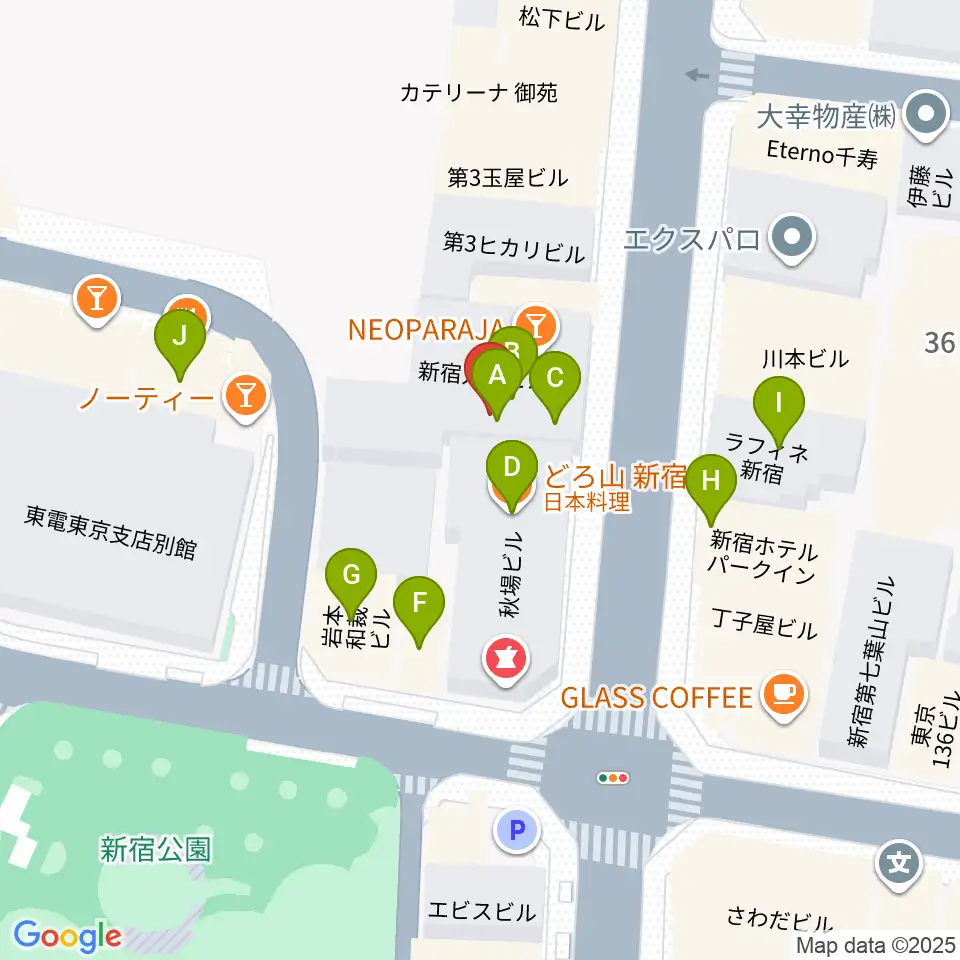 アミーズボーカルスクール新宿三丁目校周辺のファミレス・ファーストフード一覧地図