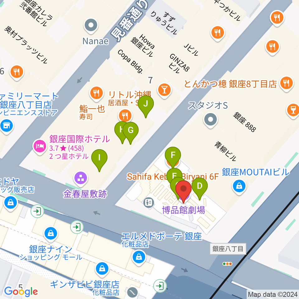 博品館劇場周辺のファミレス・ファーストフード一覧地図