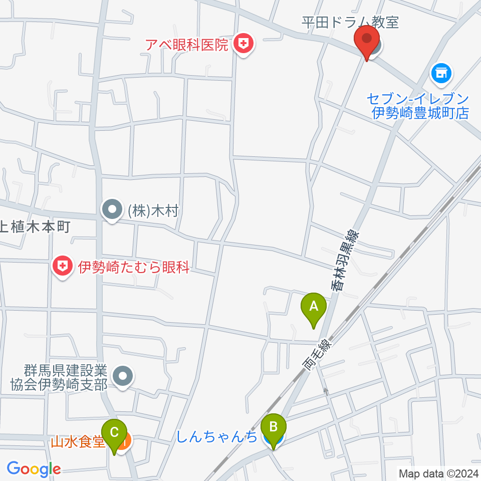 平田ドラム教室 伊勢崎店周辺のファミレス・ファーストフード一覧地図