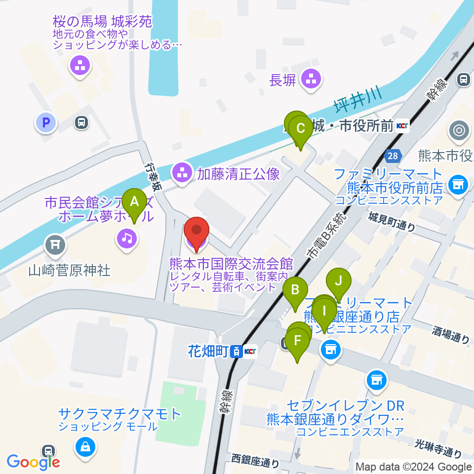 熊本市国際交流会館周辺のファミレス・ファーストフード一覧地図