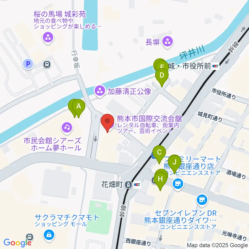 熊本市国際交流会館周辺のファミレス・ファーストフード一覧地図