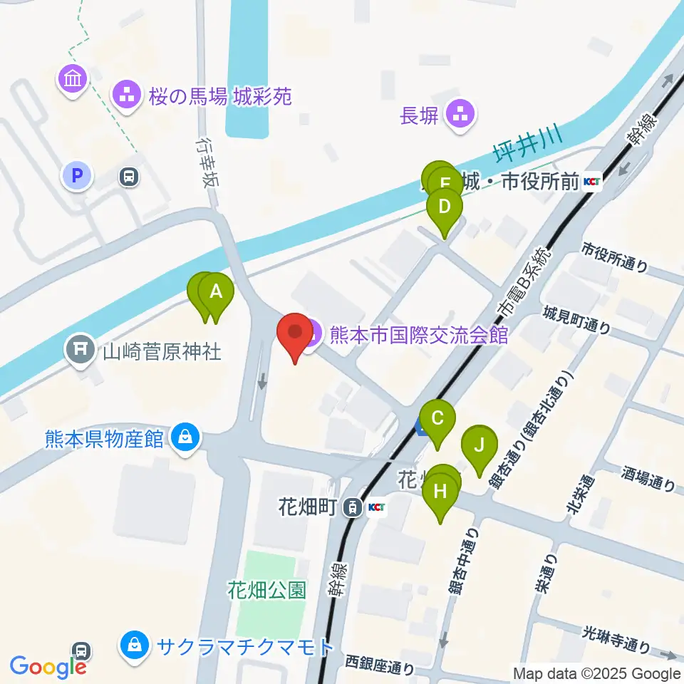 熊本市国際交流会館周辺のファミレス・ファーストフード一覧地図