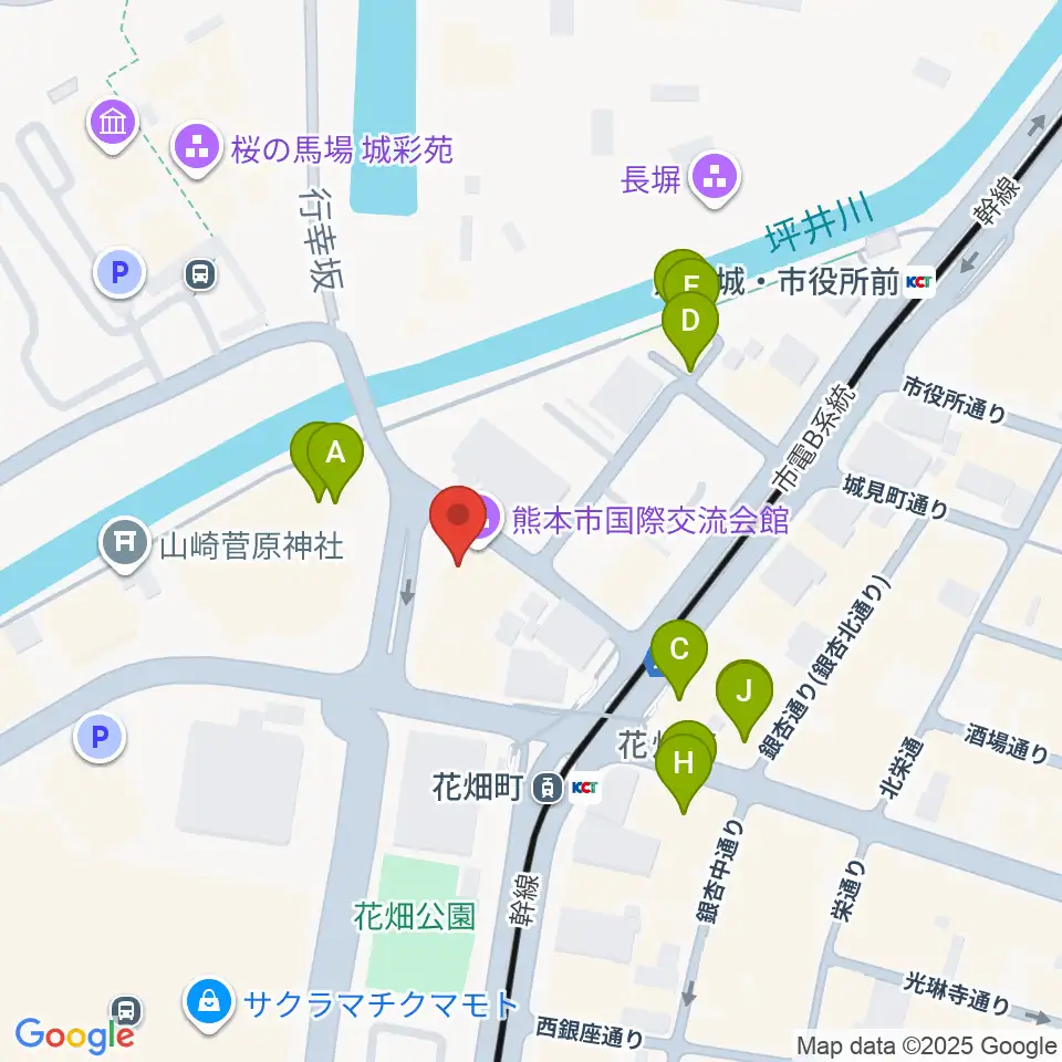 熊本市国際交流会館周辺のファミレス・ファーストフード一覧地図