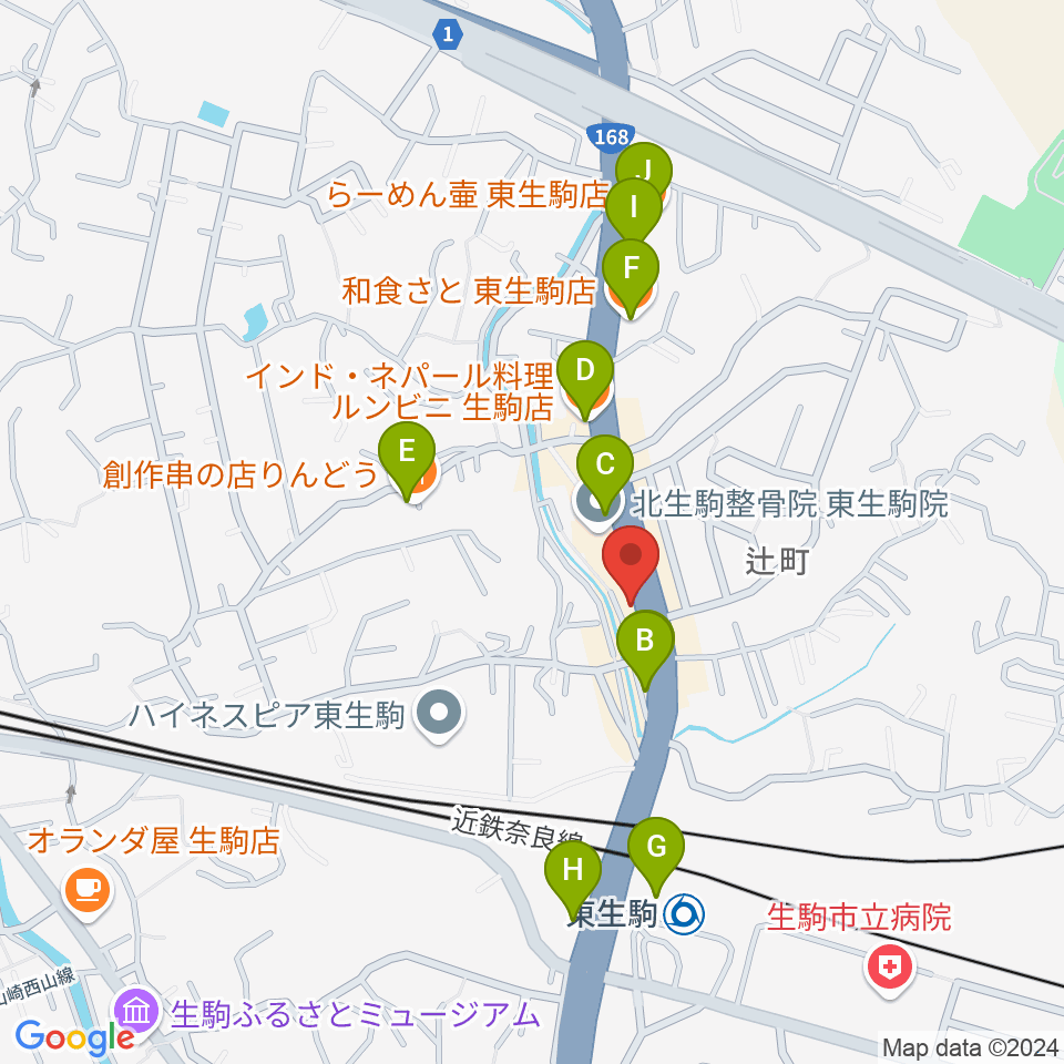 天理楽器 生駒店周辺のファミレス・ファーストフード一覧地図