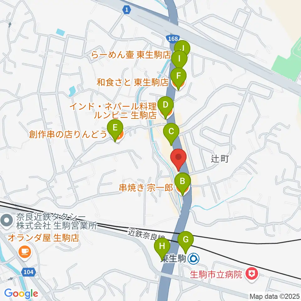 天理楽器 生駒店周辺のファミレス・ファーストフード一覧地図