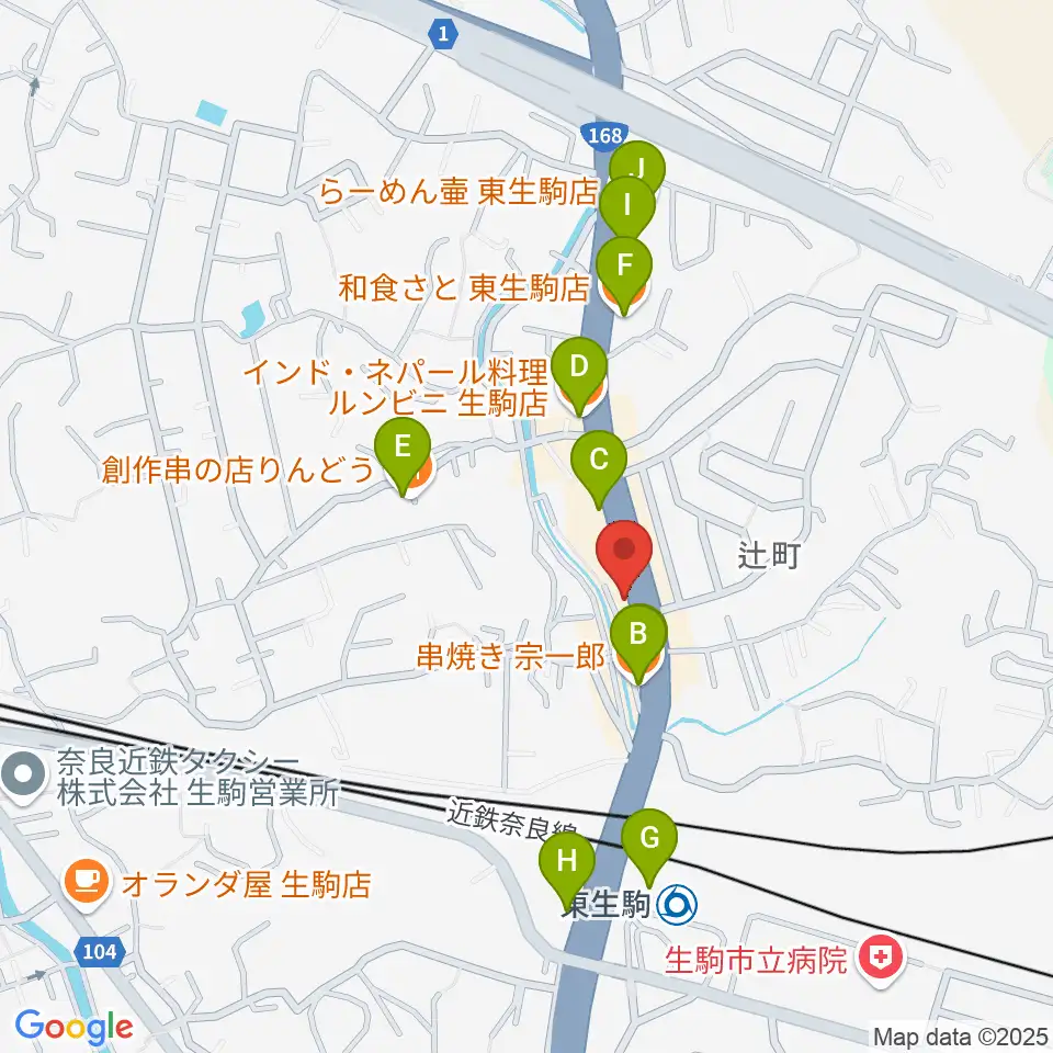 天理楽器 生駒店周辺のファミレス・ファーストフード一覧地図