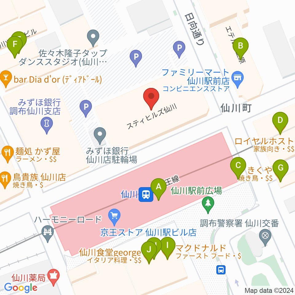 仙川カルチャーセンター周辺のファミレス・ファーストフード一覧地図