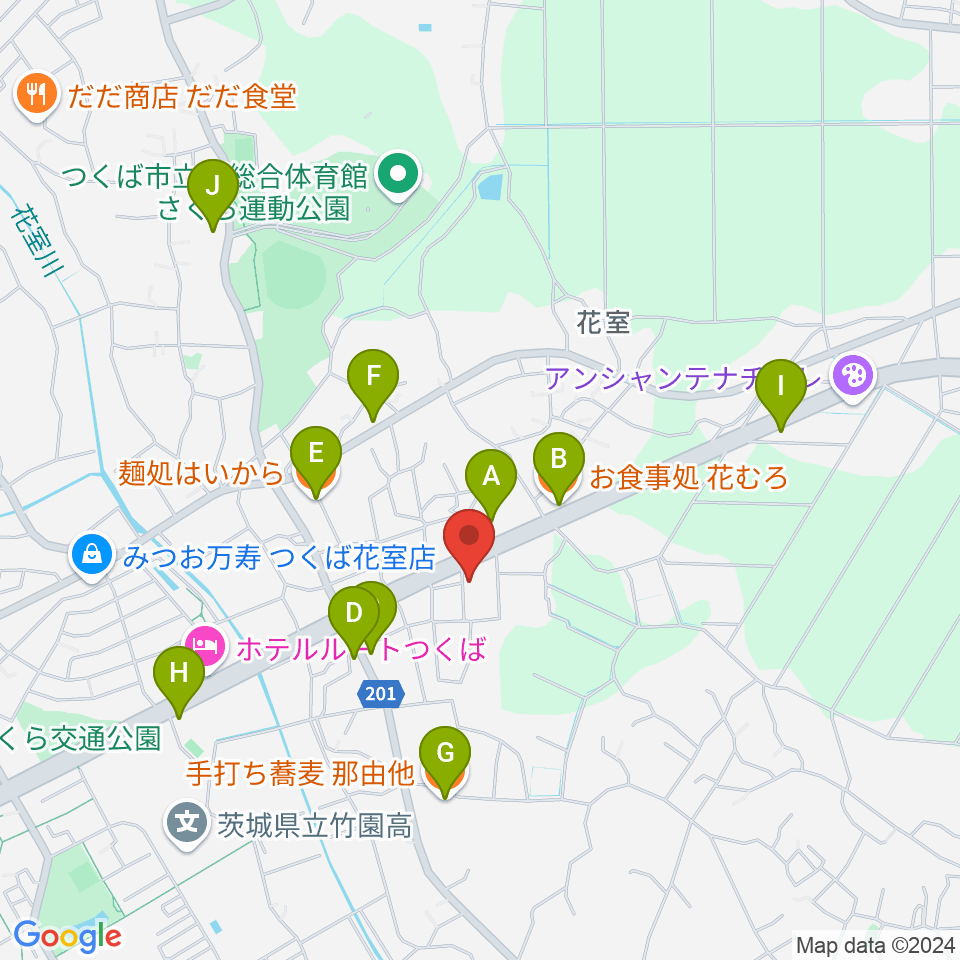 ミュージックプラント 花室スタジオ周辺のファミレス・ファーストフード一覧地図