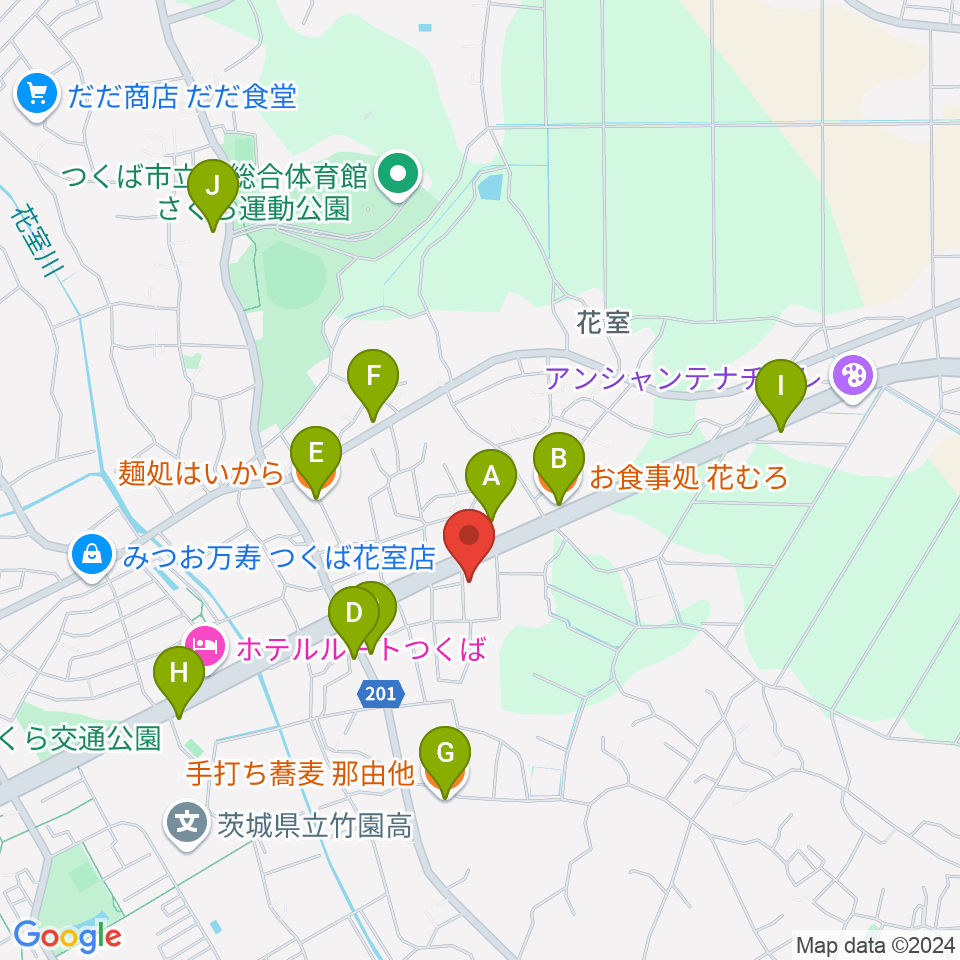 ミュージックプラント 花室スタジオ周辺のファミレス・ファーストフード一覧地図