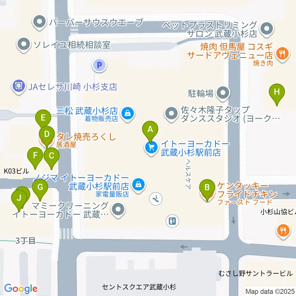 ヨークカルチャーセンター小杉周辺のファミレス・ファーストフード一覧地図