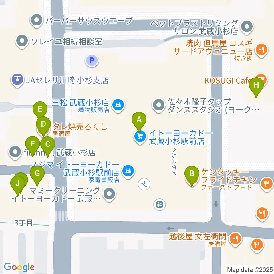 ヨークカルチャーセンター小杉周辺のファミレス・ファーストフード一覧地図