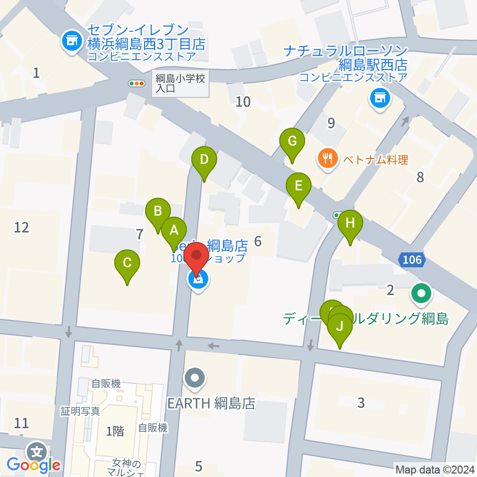 綱島カルチャーセンター周辺のファミレス・ファーストフード一覧地図