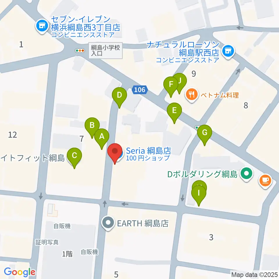 綱島カルチャーセンター周辺のファミレス・ファーストフード一覧地図