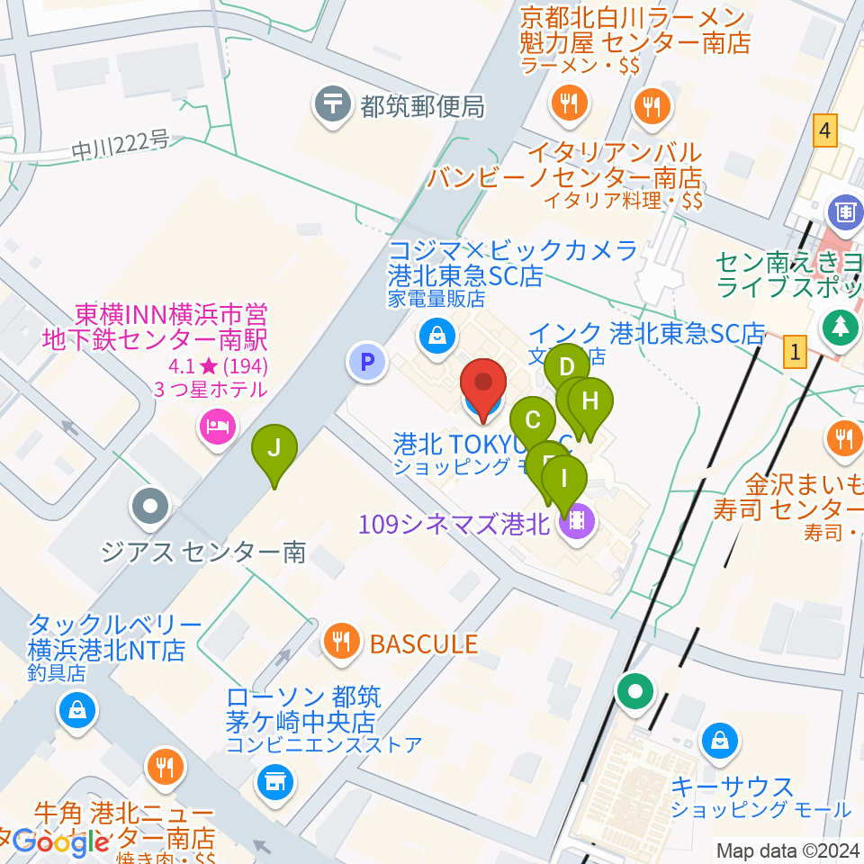 港北カルチャーセンター周辺のファミレス・ファーストフード一覧地図