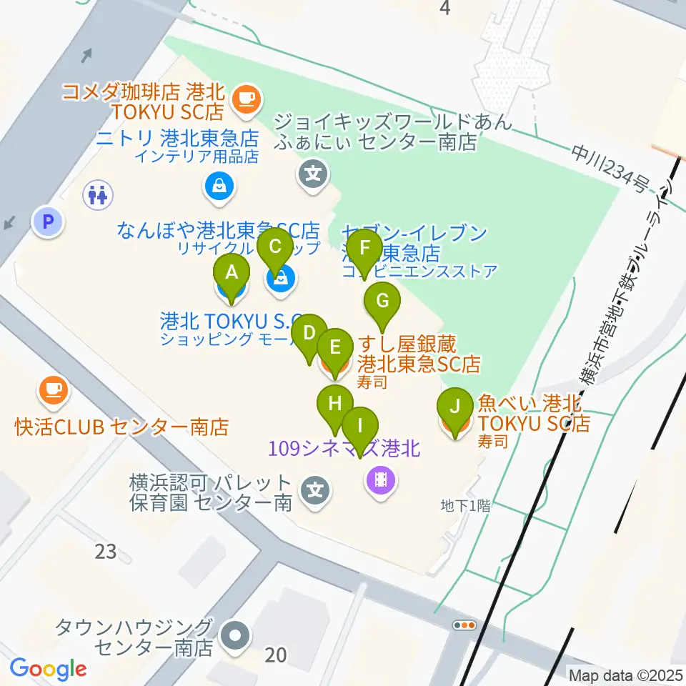 港北カルチャーセンター周辺のファミレス・ファーストフード一覧地図