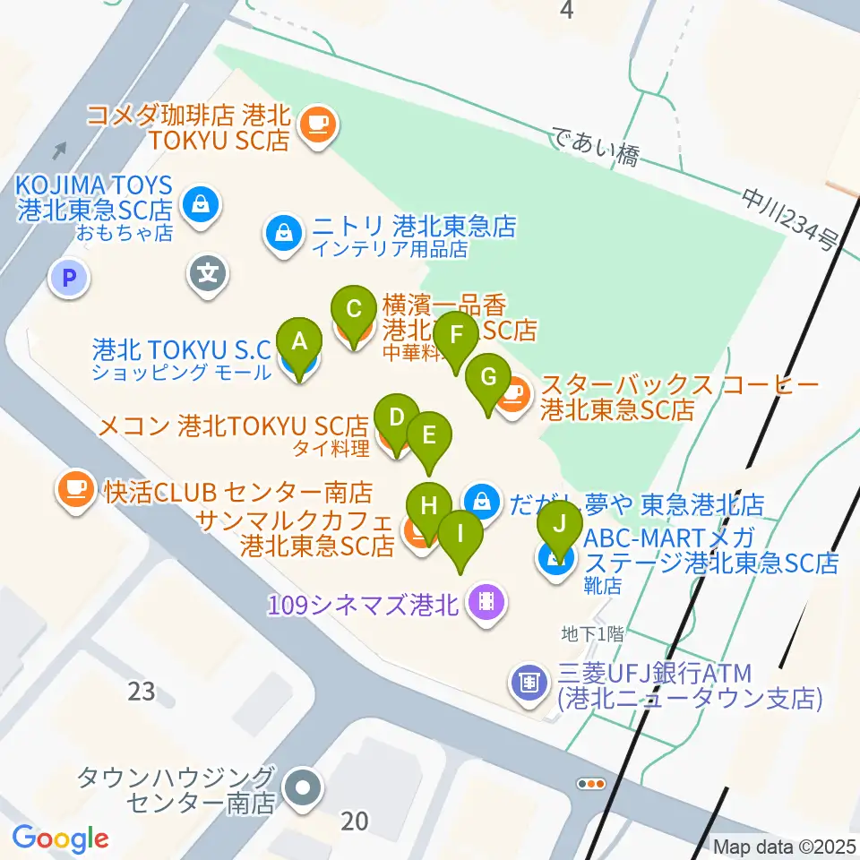 港北カルチャーセンター周辺のファミレス・ファーストフード一覧地図