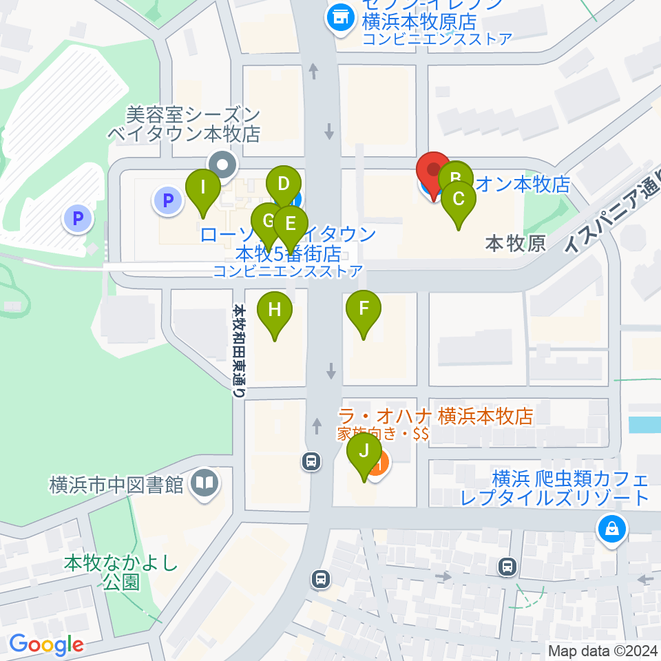 カルチャーセンター本牧周辺のファミレス・ファーストフード一覧地図