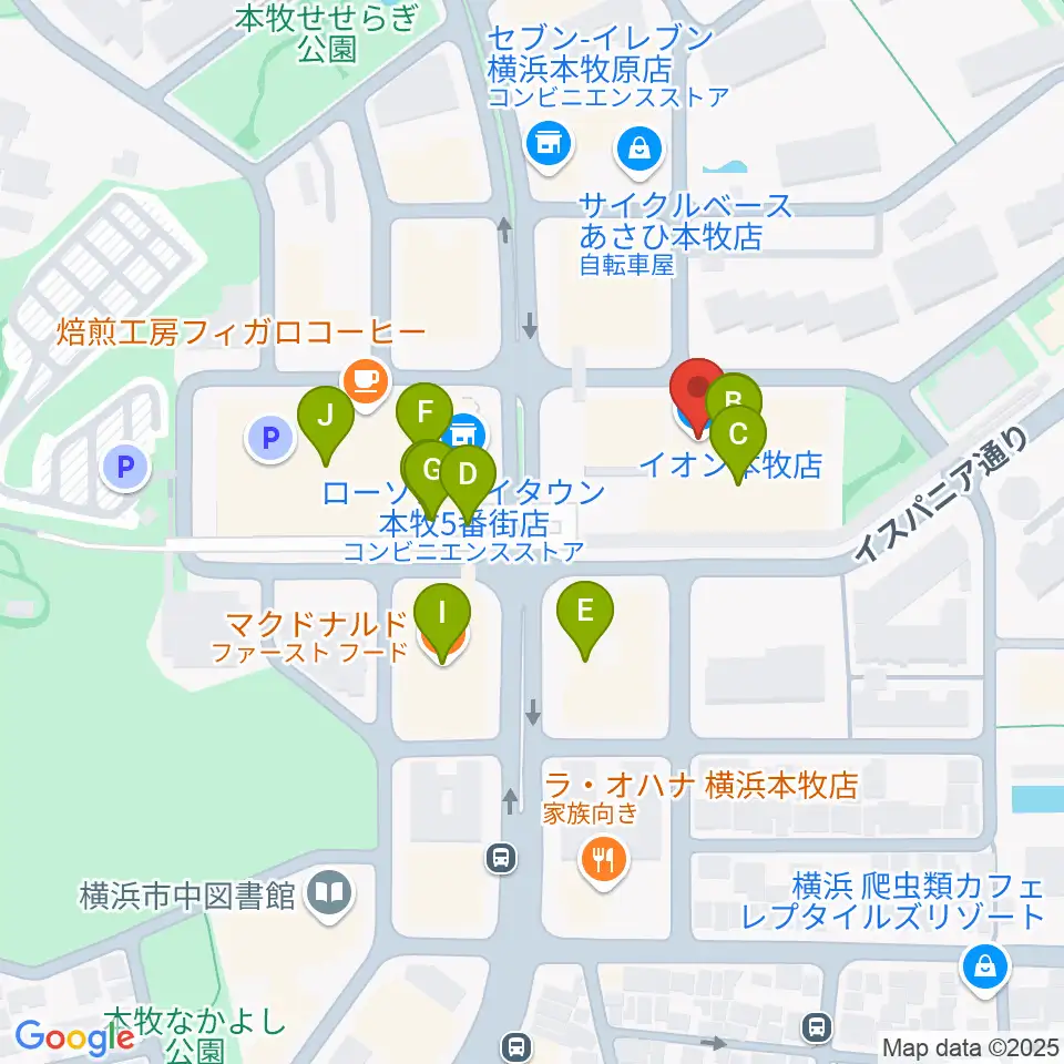 カルチャーセンター本牧周辺のファミレス・ファーストフード一覧地図