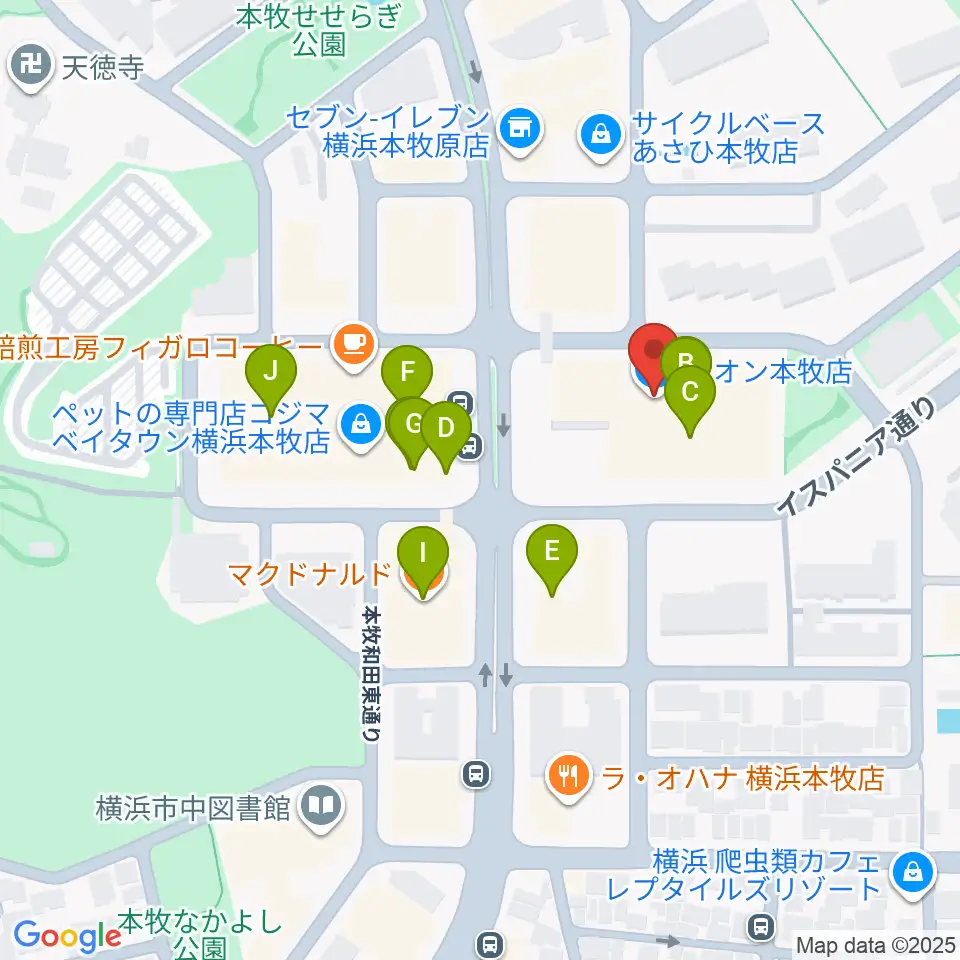 カルチャーセンター本牧周辺のファミレス・ファーストフード一覧地図