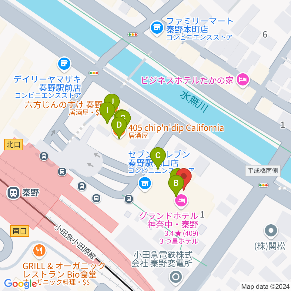 秦野カルチャーセンター周辺のファミレス・ファーストフード一覧地図