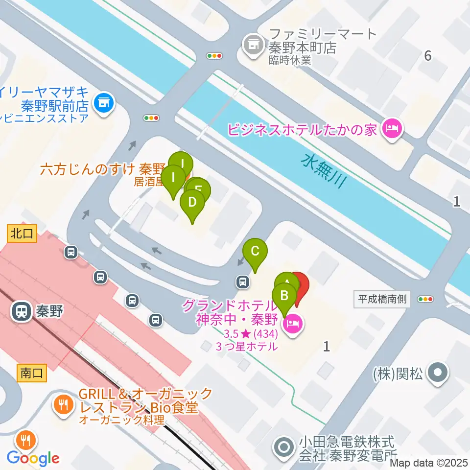 秦野カルチャーセンター周辺のファミレス・ファーストフード一覧地図