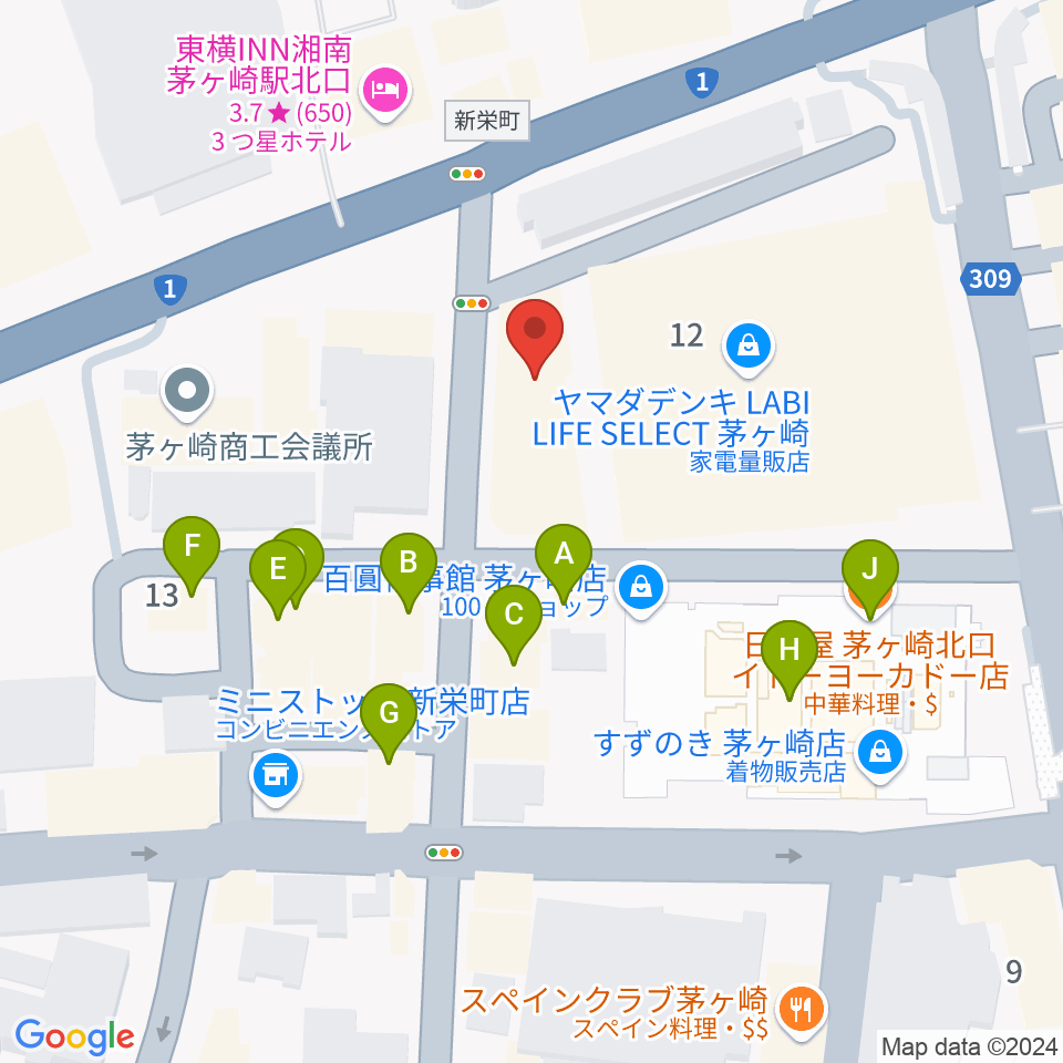 ヨークカルチャーセンター茅ヶ崎周辺のファミレス・ファーストフード一覧地図