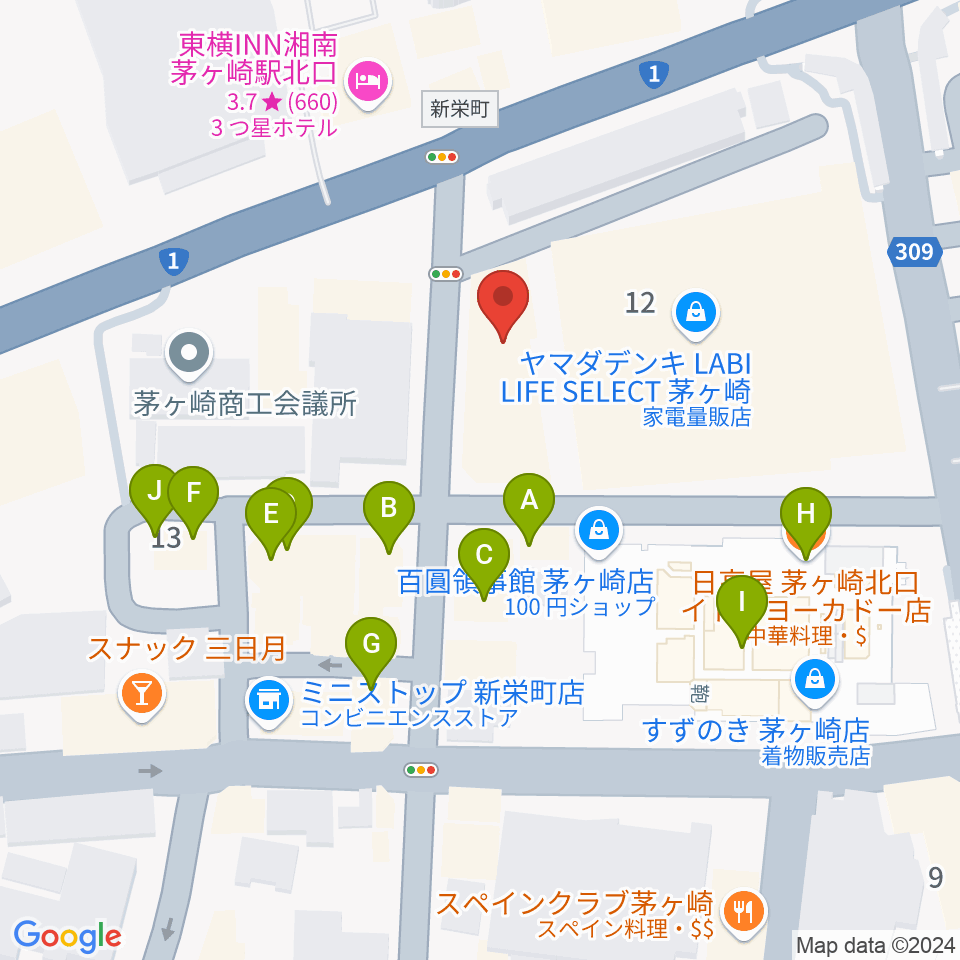 ヨークカルチャーセンター茅ヶ崎周辺のファミレス・ファーストフード一覧地図