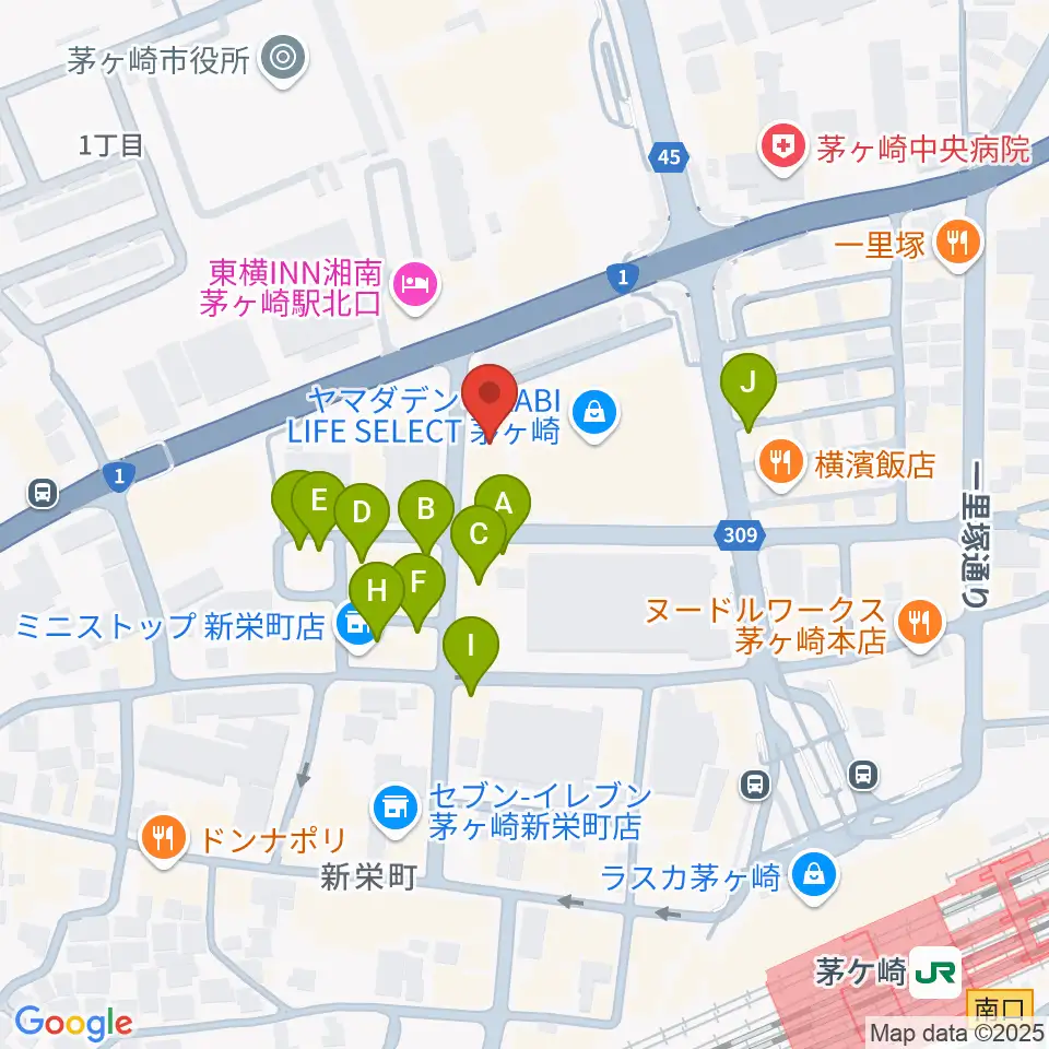 ヨークカルチャーセンター茅ヶ崎周辺のファミレス・ファーストフード一覧地図