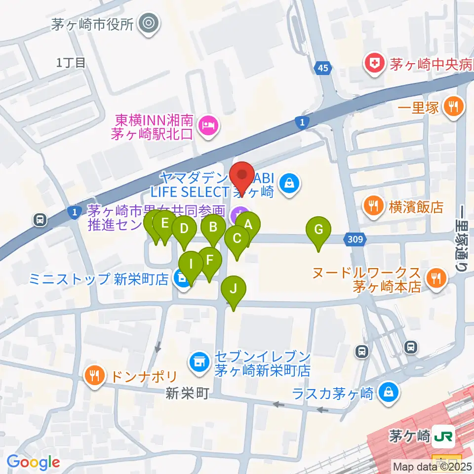 ヨークカルチャーセンター茅ヶ崎周辺のファミレス・ファーストフード一覧地図