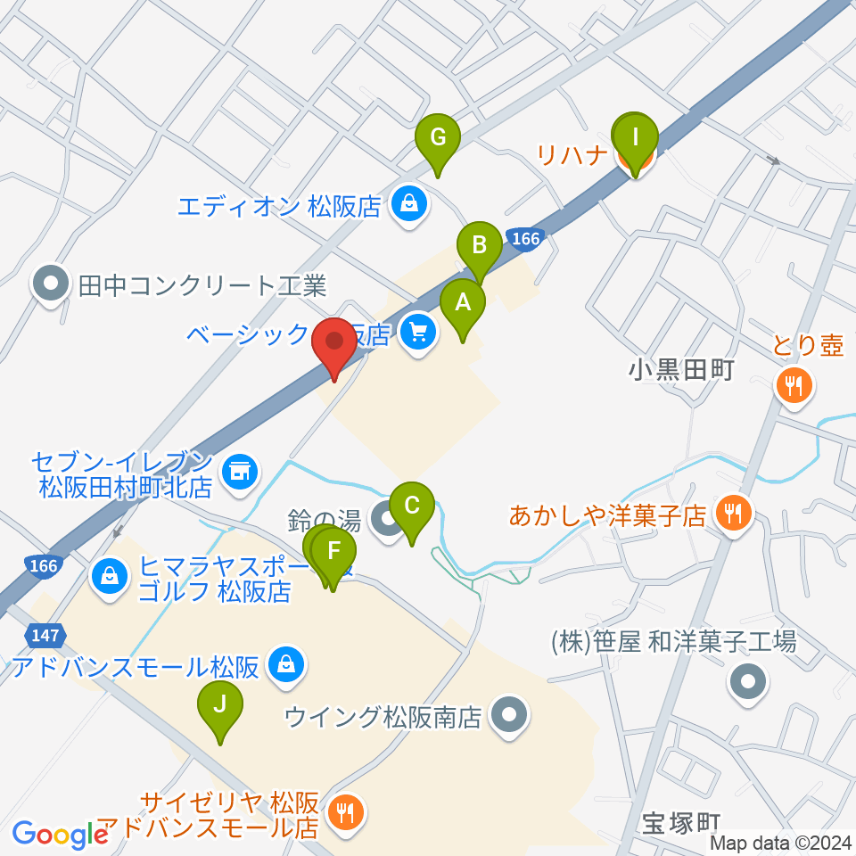 村井楽器 松阪店周辺のファミレス・ファーストフード一覧地図