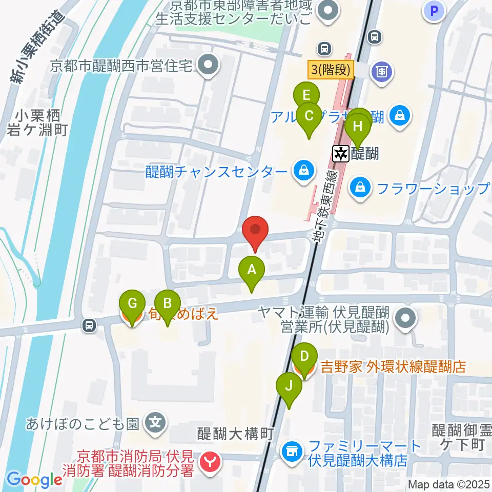 醍醐カルチャーセンター周辺のファミレス・ファーストフード一覧地図
