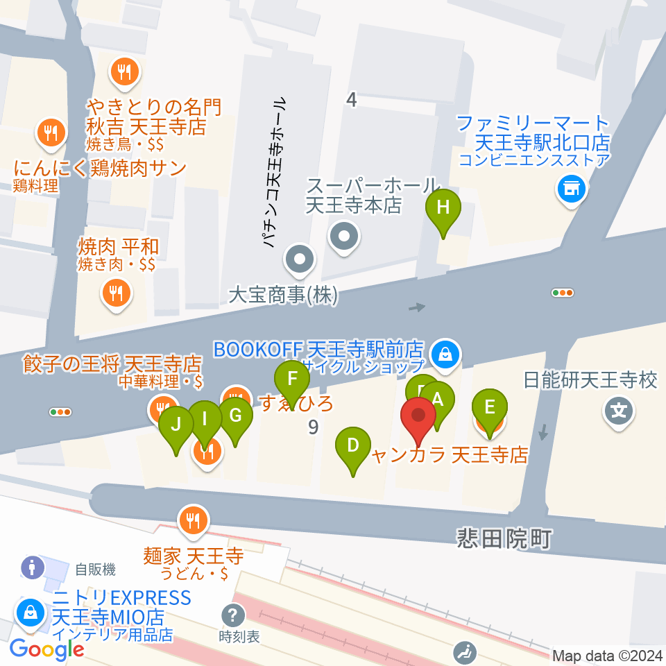 Divaluxe天王寺校周辺のファミレス・ファーストフード一覧地図