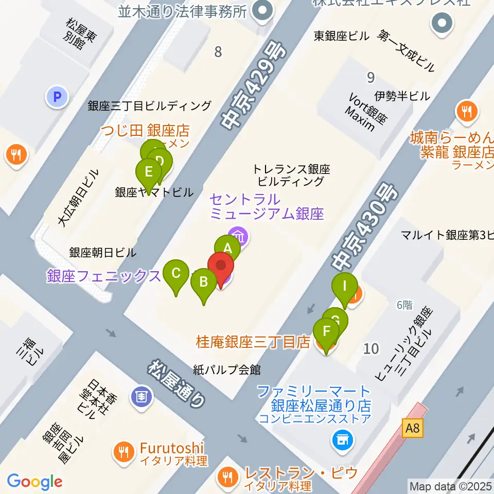 銀座フェニックスプラザ周辺のファミレス・ファーストフード一覧地図