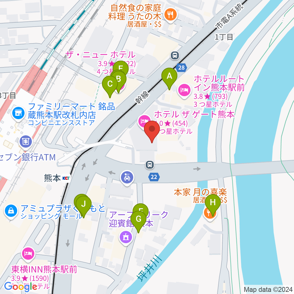 くまもと森都心プラザ周辺のファミレス・ファーストフード一覧地図