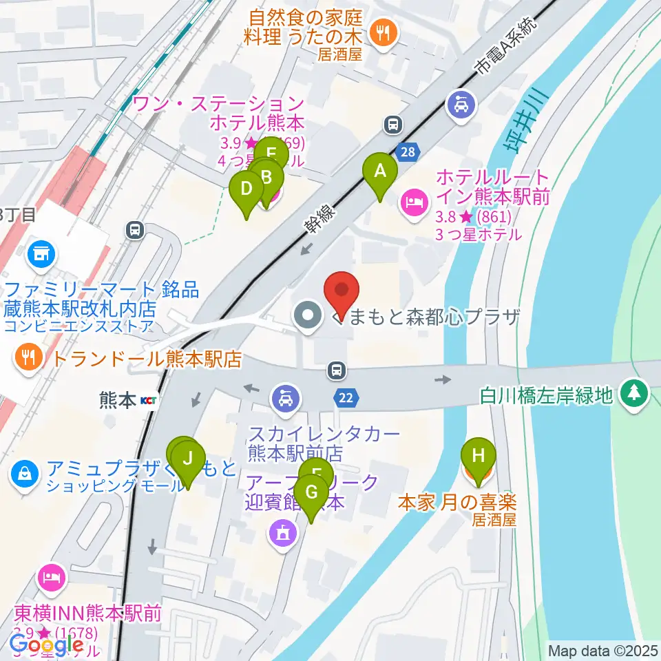 くまもと森都心プラザ周辺のファミレス・ファーストフード一覧地図