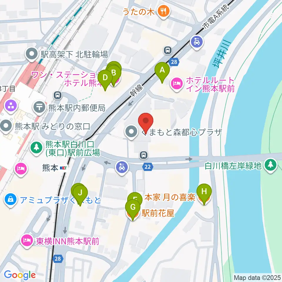くまもと森都心プラザ周辺のファミレス・ファーストフード一覧地図