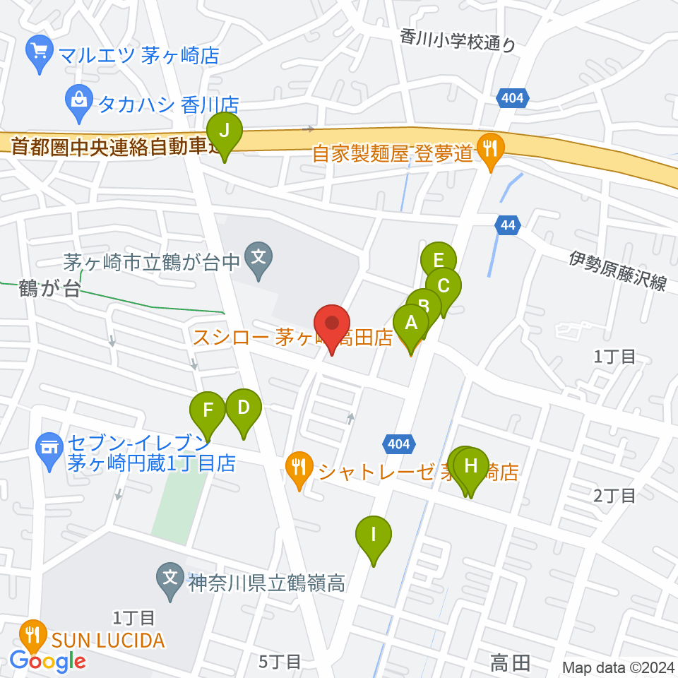 長谷川楽器店 鶴が台センター周辺のファミレス・ファーストフード一覧地図