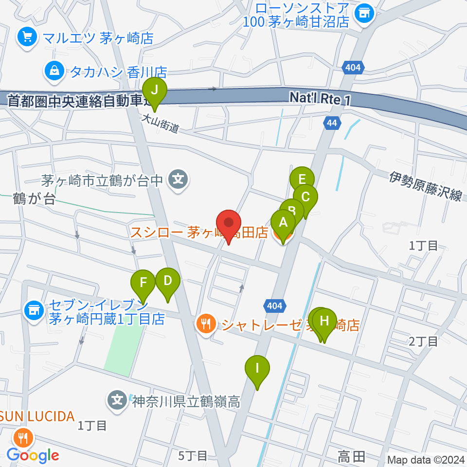 長谷川楽器店 鶴が台センター周辺のファミレス・ファーストフード一覧地図