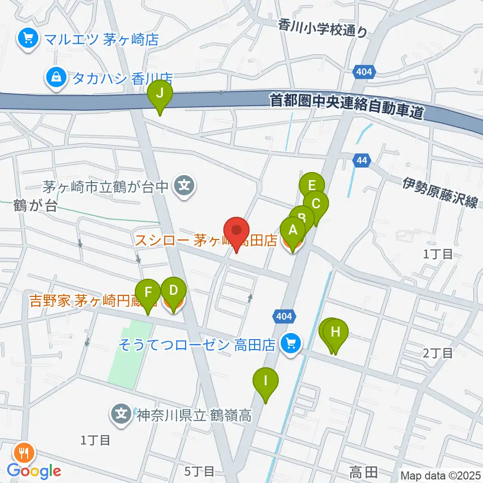 長谷川楽器店 鶴が台センター周辺のファミレス・ファーストフード一覧地図