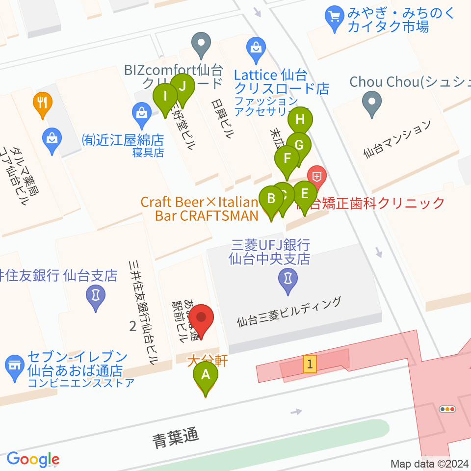昭和音楽大学附属音楽教室 仙台校周辺のファミレス・ファーストフード一覧地図