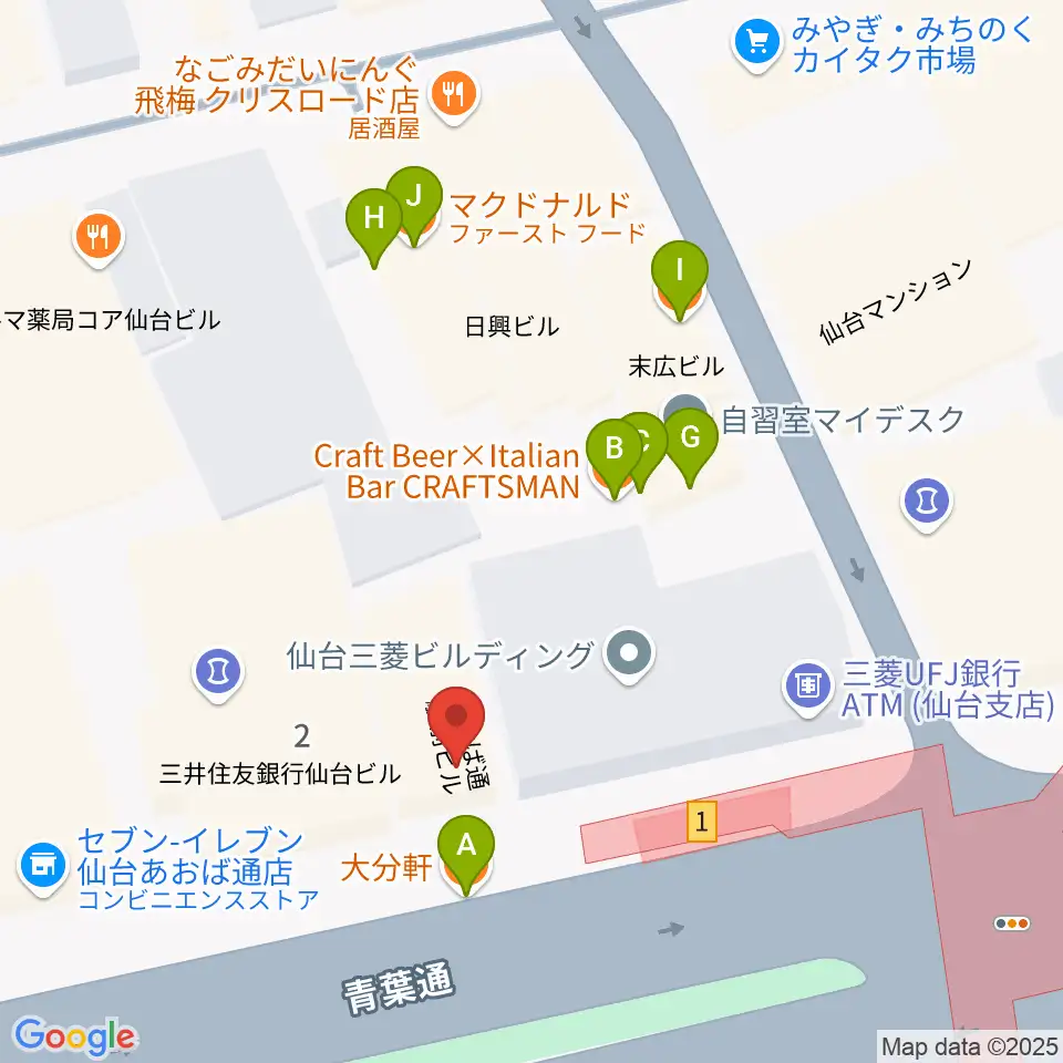 昭和音楽大学附属音楽教室 仙台校周辺のファミレス・ファーストフード一覧地図