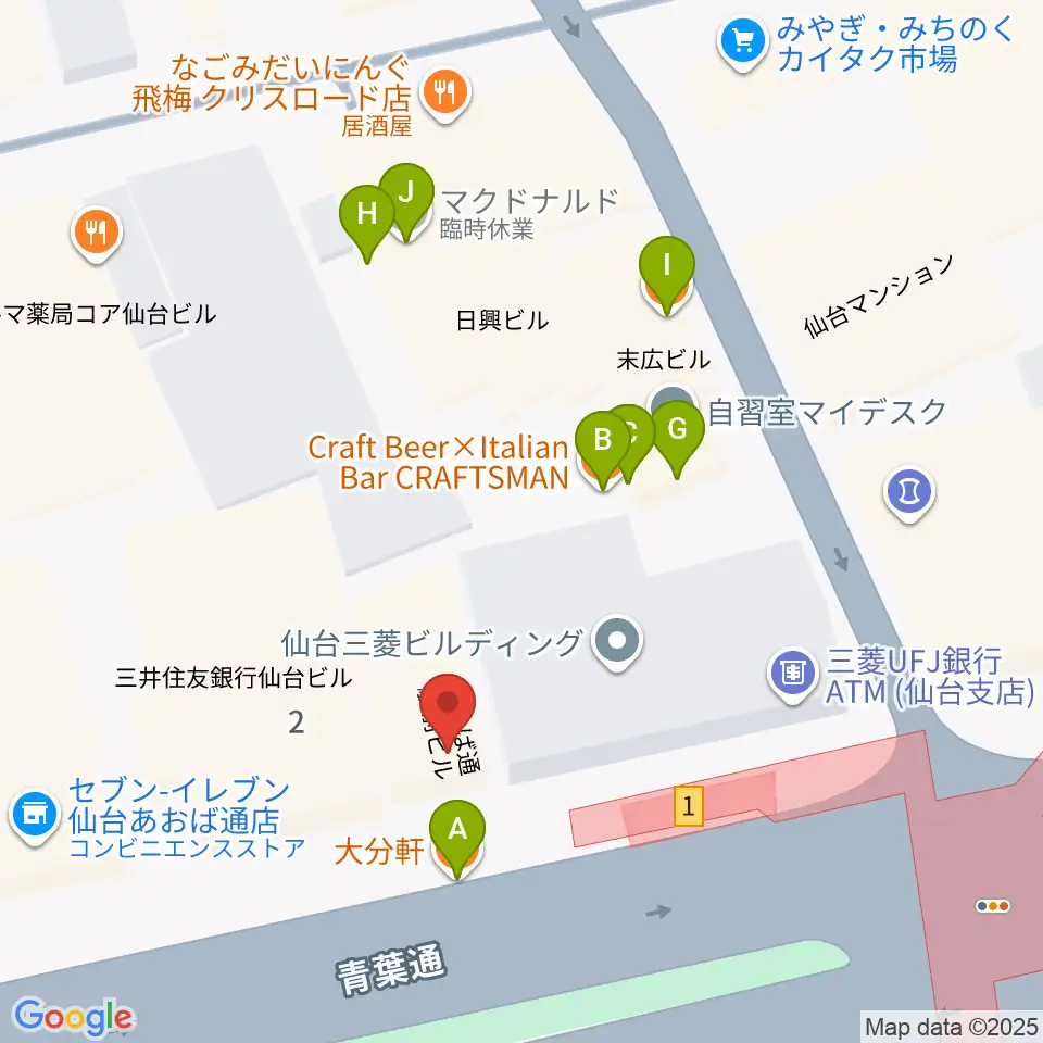 昭和音楽大学附属音楽教室 仙台校周辺のファミレス・ファーストフード一覧地図